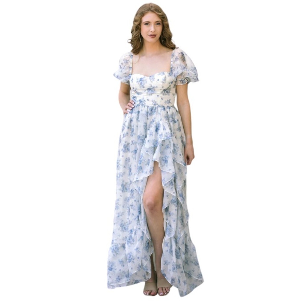 Storia Blue and White Floral Maxi Dress with Ruffle High Slit